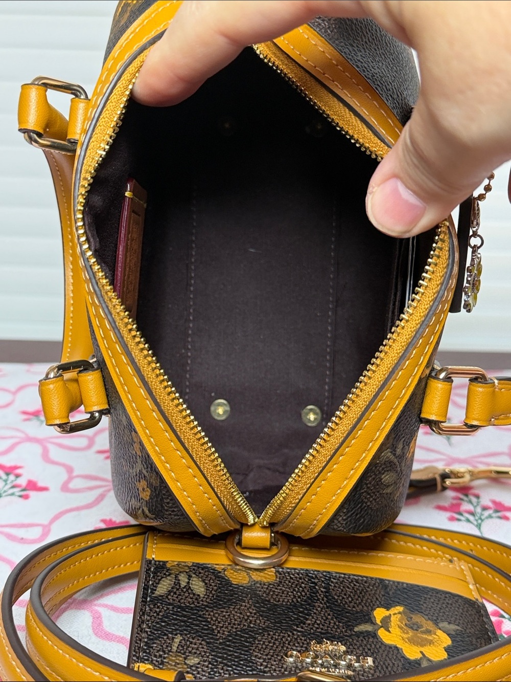 Coach Rowan Mini Brown Floral Print Small Satchel with Mustard Trim - Picture 4 of 6